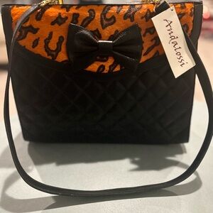 Andalossi Luxury Black and Orange Women's Bag with Fur Animal Print retail $238